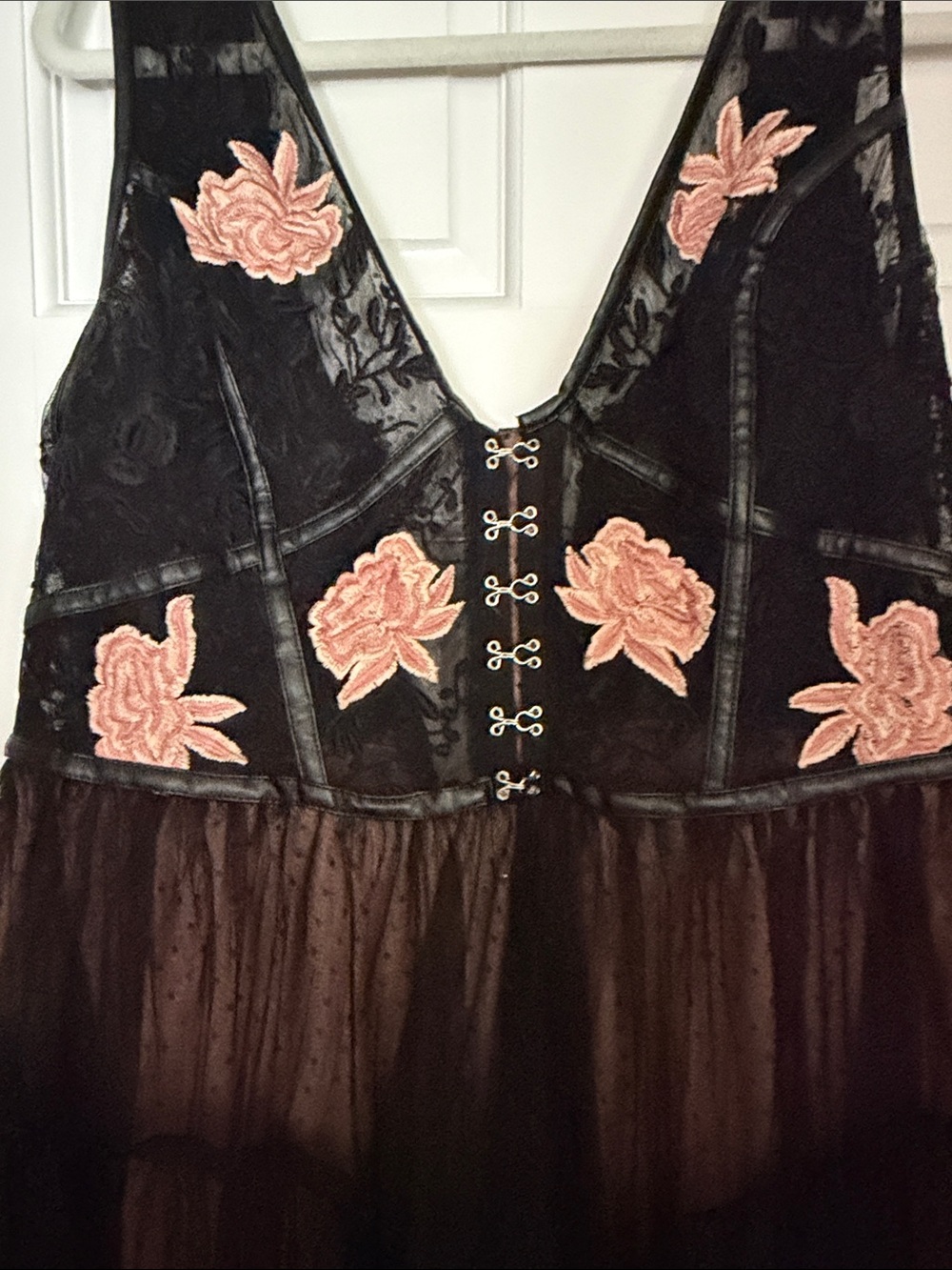 Anthropologie Black Sheer Polka Dot Midi Dress with Blush Floral Appliqué - Picture 4 of 4